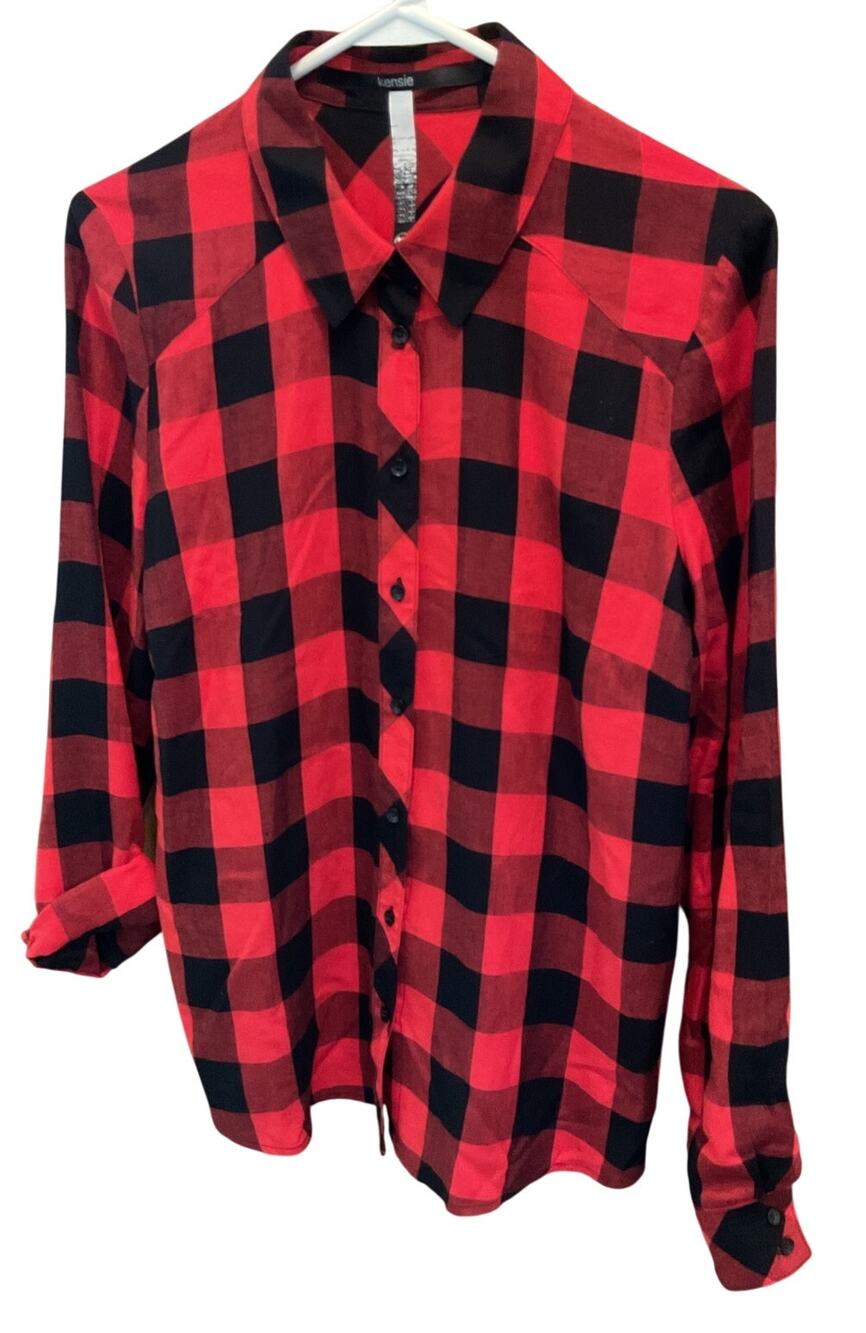 NEW Kensie Buffalo Plaid Long Sleeve Top With Back Lace Accent Medium